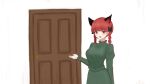  1girl :d absurdres animal_ears blush bow braid cat_ears dress green_dress hair_bow hand_up highres kaenbyou_rin long_sleeves looking_at_viewer moriforest1040 open_mouth red_eyes redhead smile solo touhou twin_braids 