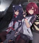  2girls absurdres animal_ears arknights black_gloves black_hair black_pantyhose black_shirt black_skirt bow clothes_writing detached_wings exusiai_(arknights) fingerless_gloves gloves grey_shirt gun halo highres holding holding_gun holding_weapon jacket kyl490 long_hair multiple_girls open_clothes open_jacket pantyhose red_bow red_eyes redhead shirt short_hair skirt smile texas_(arknights) weapon weapon_request white_jacket wings wolf_ears yellow_eyes 
