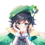  1boy androgynous bangs beret black_hair blue_hair blush bow braid brooch cape closed_mouth collared_cape collared_shirt commentary_request flameaqua flower frilled_sleeves frills gem genshin_impact gradient_hair green_cape green_eyes green_headwear hand_on_own_cheek hand_on_own_face hat hat_flower jewelry leaf long_sleeves looking_at_viewer male_focus multicolored_hair shirt short_hair_with_long_locks side_braids sidelocks simple_background smile solo twin_braids venti_(genshin_impact) white_background white_flower white_shirt 