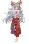  1girl barefoot blush bow breasts closed_mouth commentary fujiwara_no_mokou full_body grey_hair hair_between_eyes hair_bow highres long_hair long_sleeves looking_at_viewer medium_breasts ofuda ofuda_on_clothes pants red_eyes red_pants shirt simple_background sleeve_cuffs solo standing stretching suspenders toenails touhou v-shaped_eyebrows very_long_hair white_background white_bow white_shirt zzzzzhoh 