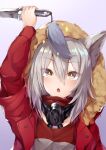  +_+ 1girl :o animal_ears arknights arm_up fur-trimmed_hood fur_trim grey_eyes grey_shirt hair_between_eyes highres holding holding_knife hood hood_up hooded_jacket jacket knife long_hair long_sleeves mask mask_around_neck open_clothes open_jacket open_mouth projekt_red_(arknights) purple_background red_jacket shirt solo tail upper_body wolf_ears wolf_girl wolf_tail yuki_kawachi 