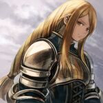  1girl agrias_oaks armor blonde_hair braid braided_ponytail brown_eyes closed_mouth clouds final_fantasy final_fantasy_tactics knight long_hair looking_at_viewer low-tied_long_hair single_braid solo sushi_(sashimise) 