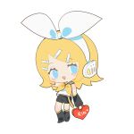  1girl bag bangs black_sailor_collar black_shorts black_sleeves blonde_hair blue_eyes bow chibi chinese_commentary detached_sleeves full_body hair_bow headset heart heart-shaped_bag highres holding holding_bag indai_(3330425) kagamine_rin light_blush looking_at_viewer medium_hair neckerchief open_mouth parted_bangs red_bag sailor_collar sailor_shirt shirt shorts simple_background sleeveless sleeveless_shirt smile solo standing vocaloid white_background white_bow white_shirt yellow_neckerchief 