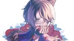  1boy animal_ears anmochi bespectacled black_gloves black_hair camellia fangs floral_background flower fur_trim glasses gloves hair_over_one_eye half_gloves highres holding holding_petal holostars jackal_boy jackal_ears kageyama_shien lapels looking_at_viewer low_ponytail male_focus multicolored_hair official_alternate_costume open_mouth petals portrait red_flower solo teeth turtleneck two-tone_hair upper_teeth virtual_youtuber white_background white_hair yellow_eyes 