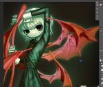  blank_eyes blank_stare collared_dress demon_wings dress green_dress grintasia holding holding_weapon non-web_source original unfinished weapon white_hair wings 