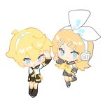  1boy 1girl arm_up bangs black_sailor_collar black_shorts black_sleeves blonde_hair blue_eyes bow chibi chinese_commentary closed_mouth detached_sleeves full_body grin hair_between_eyes hair_bow hand_on_hip headset highres indai_(3330425) index_finger_raised kagamine_len kagamine_rin leg_warmers light_blush long_hair neckerchief necktie parted_bangs sailor_collar sailor_shirt shirt short_sleeves shorts simple_background sleeveless sleeveless_shirt smile standing standing_on_one_leg vocaloid white_background white_bow white_shirt yellow_neckerchief yellow_necktie 