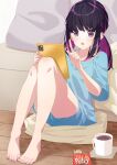  1girl bangs bare_legs barefoot black_hair blue_shirt blue_shorts blush commentary_request cup feet food godai_01 hands_up highres holding indoors leaning_back legs legs_together mug multicolored_hair nail_polish on_ground open_mouth original pink_hair pink_nails pocky shirt shorts sidelocks sitting solo streaked_hair t-shirt tablet_pc toenail_polish toenails toes twintails violet_eyes wooden_floor 