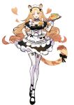  1girl ;d alternate_costume animal_ears arknights black_choker black_dress black_footwear choker dress drill_hair enmaided food frilled_choker frills full_body green_eyes heart highres holding holding_food holding_tray long_hair maid maid_headdress nicole_(lion) omurice one_eye_closed shoes simple_background smile solo standing swire_(arknights) tail thigh-highs tiger_ears tiger_girl tiger_tail tray very_long_hair white_background white_thighhighs white_wrist_cuffs 