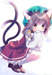  1girl animal_ears brown_eyes brown_hair cat_ears cat_girl cat_tail chen earrings fukaya_rin full_body green_headwear hat highres jewelry looking_at_viewer mob_cap multiple_tails nekomata solo squatting tail tail_raised touhou two_tails 