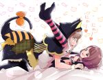  2girls all_fours animal_hood bangs bed_sheet black_dress black_hood black_pantyhose blunt_bangs bob_cut bow bowtie brown_hair cat_hood cat_tail commentary dress frilled_cuffs from_side fur_cuffs halloween halloween_costume hanadera_nodoka healin&#039;_good_precure heart hiramitsu_hinata hood legs_up looking_at_another lying medium_hair mitumi_mira multiple_girls no_shoes on_back on_bed open_mouth pantyhose pink_thighhighs precure red_bow red_bowtie short_dress short_hair smile striped striped_thighhighs tail tail_bow tail_ornament thigh-highs translated yuri 
