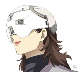  1girl brown_hair close-up commentary gundam gundam_suisei_no_majo helmet highres long_hair mask official_art prospera_(gundam) signature smile solo wavy_hair white_background yanase_takayuki 