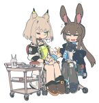  2girls amiya_(arknights) animal_ears arknights bandages black_thighhighs brown_hair cat_ears cat_girl coat green_eyes grey_hair kal&#039;tsit_(arknights) knifedragon long_hair looking_at_another multiple_girls nail_polish one_eye_closed open_mouth rabbit_ears rabbit_girl short_hair simple_background thigh-highs white_background 