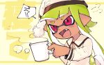  1girl cup dark-skinned_female dark_skin fang hat highres holding holding_cup inari1369 inkling inkling_girl light_green_hair long_hair long_sleeves mug nightcap open_mouth pajamas pink_eyes pointy_ears solo speech_bubble splatoon_(series) steam suction_cups tentacle_hair upper_body white_headwear 