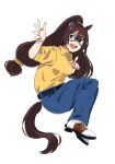  1girl :d animal_ears bangs belt black_belt blue_eyes blue_pants breasts brown_footwear brown_hair collared_shirt commentary_request el_condor_pasa_(umamusume) eye_mask from_side full_body hair_between_eyes hand_up high_ponytail highres horse_ears horse_girl horse_tail jichou_senshi long_hair looking_at_viewer looking_to_the_side medium_breasts pants ponytail shirt shoes short_sleeves simple_background smile solo tail teeth umamusume upper_teeth v-shaped_eyebrows very_long_hair white_background yellow_shirt 