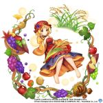  1girl aki_minoriko apple apron autumn_leaves bare_legs barefoot black_skirt blonde_hair breasts chestnut closed_mouth collared_shirt food frilled_apron frills fruit full_body grape_hat_ornament grapes happy hat juliet_sleeves leaf long_sleeves looking_at_viewer medium_breasts mob_cap neck_ribbon official_art orange_shirt pear petticoat puffy_sleeves red_apron red_headwear ribbon rotte_(1109) shirt skirt smile solo suspender_skirt suspenders sweet_potato toes touhou touhou_lost_word vegetable wheat wide_sleeves yellow_eyes 