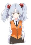  1girl bangs black_necktie black_skirt breasts collared_shirt expressionless grey_hair highres hoshino_ruri kidou_senkan_nadesico looking_at_viewer matsuda_hikari necktie orange_vest parted_bangs shirt skirt small_breasts solo straight-on twintails vest white_shirt yellow_eyes 