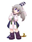  1girl :o blackbad blue_eyes blue_headwear boots full_body grey_hair hands_in_opposite_sleeves hat head_tilt highres japanese_clothes kariginu long_hair long_sleeves looking_at_viewer mononobe_no_futo open_mouth ponytail purple_footwear ribbon-trimmed_sleeves ribbon_trim simple_background solo standing tate_eboshi touhou white_background wide_sleeves 