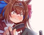  1girl :i animal_ears aozora_meguru bangs blush brown_background brown_hair closed_mouth commentary_request daiwa_scarlet_(umamusume) hair_between_eyes hair_intakes horse_ears jacket long_hair looking_at_viewer red_eyes red_jacket simple_background solo sweat tiara track_jacket umamusume upper_body 