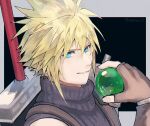  1boy armor black_background blonde_hair blue_eyes blue_shirt brown_gloves buster_sword cloud_strife final_fantasy final_fantasy_vii final_fantasy_vii_remake fingerless_gloves gloves hair_between_eyes looking_at_viewer male_focus materia parted_lips rei_(teponea121) shirt short_hair shoulder_armor sleeveless sleeveless_turtleneck smile solo spiky_hair suspenders turtleneck twitter_username upper_body weapon weapon_on_back 