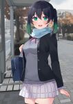  1girl :d absurdres arm_at_side bag bangs black_hair black_jacket black_thighhighs blue_scarf blurry blurry_background blush breasts bus_stop colored_tips commentary_request cowboy_shot cream_(nipakupa) gradient_hair green_eyes green_hair grey_sweater hair_between_eyes highres jacket long_sleeves looking_at_viewer love_live! love_live!_nijigasaki_high_school_idol_club medium_breasts multicolored_hair neck_ribbon open_mouth outdoors pleated_skirt ribbon scarf school_bag school_uniform shirt short_twintails shoulder_bag sidelocks skirt smile solo sweater takasaki_yuu teeth thigh-highs twintails two-tone_hair upper_teeth white_shirt white_skirt zettai_ryouiki 