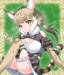  1girl animal_costume animal_ear_fluff animal_ears bare_shoulders belt cat_ears cat_girl cat_tail elbow_gloves extra_ears fingerless_gloves gloves grey_hair highres jungle_cat_(kemono_friends) kemono_friends kemono_friends_v_project kneehighs long_hair looking_at_viewer microphone multicolored_hair ribbon scarf shirt simple_background skirt socks solo tail twintails unihulu virtual_youtuber yellow_eyes 