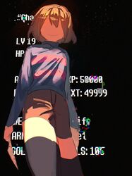  1girl black_panties brown_hair choco_rabbitt frisk_(undertale) highres holding holding_knife knife light looking_at_viewer panties shirt short_hair shorts simple_background smile undertale underwear 