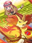  1girl blonde_hair blush clenched_hand collarbone delphox eyewear_on_head fangs fire hat high-waist_skirt highres inana_umi looking_at_viewer mega_ring open_mouth pleated_skirt pokemon pokemon_(creature) pokemon_(game) pokemon_xy red_fur serena_(pokemon) skirt stairs sunglasses teeth yellow_fur 