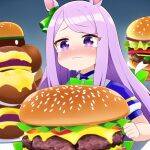  1girl ai-generated animal_ears artist_request burger crying food green_ribbon mejiro_mcqueen_(umamusume) nai_diffusion non-web_source purple_eyes purple_hair ribbon solo umamusume 