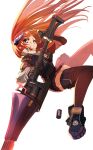  1girl arknights bagpipe_(arknights) between_fingers brown_gloves bullet clenched_teeth gloves gunlance haku_(grimjin) highres holding holding_weapon horns long_hair orange_hair plaid plaid_skirt skirt teeth thigh-highs weapon white_background 