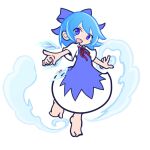  1girl :d barefoot blue_bow blue_dress blue_eyes blue_hair bow cirno dress full_body hair_bow looking_at_viewer open_mouth puyopuyo shinmon_akika short_hair short_sleeves smile solo touhou white_background 
