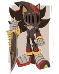  animal_ears armor black_armor black_fur black_hair breastplate fang furry furry_male hedgehog hipstersilver holding holding_sword holding_weapon jewelry lancelot_(sonic_the_hedgehog) metal_boots metal_gloves red_fur ring shadow_the_hedgehog sonic_(series) sonic_and_the_black_knight sword tail weapon 
