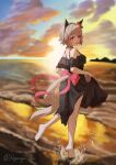  1girl :d absurdres agepan._(pangcha3324) animal_ears barefoot beach black_dress commentary_request curren_chan_(umamusume) dress from_behind full_body grey_hair highres horse_ears horse_girl horse_tail looking_at_viewer looking_back outdoors skirt_hold smile solo standing standing_on_one_leg tail twilight twitter_username umamusume violet_eyes wading water 