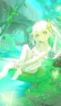  1boy absurdres bangs bare_legs eyebrows_hidden_by_hair forest genshin_impact green_eyes hair_between_eyes highres long_hair looking_at_viewer nahida_(genshin_impact) nature pointy_ears sitting skirt smile solo starlan toes twintails white_hair 