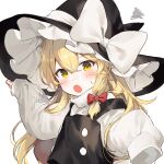  1girl :o black_headwear blonde_hair blush bow hat hat_bow highres jill_07km kirisame_marisa long_hair long_sleeves looking_at_viewer open_mouth simple_background solo touhou vest white_background white_bow witch_hat yellow_eyes 