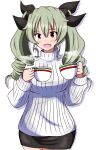  1girl anchovy_(girls_und_panzer) bangs black_ribbon black_skirt casual coffee_cup commentary cowboy_shot cup disposable_cup drill_hair girls_und_panzer green_hair hair_ribbon highres holding holding_cup long_hair long_sleeves looking_at_viewer meiya miniskirt open_mouth red_eyes ribbed_sweater ribbon shadow simple_background skirt smile solo standing steam sweater turtleneck turtleneck_sweater twin_drills twintails white_background white_sweater 