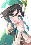  1boy androgynous bangs beret black_hair blue_hair blush braid buttons cape collared_cape collared_shirt flower frilled_sleeves frills genshin_impact gradient_hair green_cape green_eyes green_headwear hair_flower hair_ornament hat hat_flower heart itoi_toi juliet_sleeves long_sleeves looking_at_viewer multicolored_hair own_hands_together puffy_sleeves red_nails shirt short_hair_with_long_locks simple_background smile teeth twin_braids upper_body upper_teeth venti_(genshin_impact) white_background white_flower white_shirt 