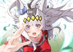  1girl absurdres ahoge animal_ears blue_eyes ear_ornament grey_hair gym_uniform highres horse_ears horse_girl kento_(kentdrawing) long_hair looking_at_viewer multicolored_hair oguri_cap_(umamusume) open_mouth original_race_uniform_(umamusume) running solo streaked_hair teeth umamusume upper_teeth very_long_hair 