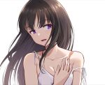  1girl black_hair dress hand_on_own_chest highres inoue_takina kooeiatd111020 long_hair lower_teeth lycoris_recoil open_mouth portrait scar simple_background smile solo strap_slip teeth violet_eyes white_background white_dress 