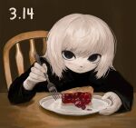  black_eyes black_sweater eating food fork grintasia holding holding_fork looking_at_viewer mole mole_under_eye non-web_source on_chair original pie sweater white_hair wooden_chair 