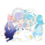  2girls :o arm_support blue_eyes blue_hair bow chibi chinese_commentary crescent crescent_hair_ornament dark_blue_hair dual_persona gradient_hair hair_ornament halo hatsune_miku indai_(3330425) melting_halo multicolored_hair multiple_girls on_cloud one_eye_closed open_mouth pink_bow sitting smile snowflake_in_hair star_(symbol) star_hair_ornament twintails vocaloid wariza yuki_miku 