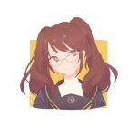  1girl bangs black_sailor_collar brown_eyes brown_hair closed_mouth earrings glasses highres jewelry juwei kujikawa_rise long_hair looking_to_the_side persona persona_4 sailor_collar school_uniform simple_background smile solo turtleneck twintails yasogami_school_uniform 