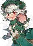  1girl :d bangs blush clenched_hands commentary cowlick creature creature_on_shoulder from_side gloves green_gloves green_hair green_headwear green_scarf grey_background grey_hair grey_shirt happy helmet highres kei_s01 long_sleeves looking_at_viewer made_in_abyss meinya_(made_in_abyss) multicolored_hair on_shoulder open_mouth pouch prushka red_eyes scarf shirt short_hair smile solo standing streaked_hair suspenders two-tone_hair wide-eyed 