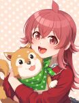  1girl :d ahoge animal bangs commentary dog holding holding_animal idolmaster idolmaster_shiny_colors kamille_(vcx68) komiya_kaho long_hair long_sleeves looking_at_viewer open_mouth pink_background polka_dot polka_dot_background red_eyes red_sweater redhead smile solo sweater upper_body 