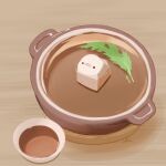  bird bowl chai_(drawingchisanne) commentary_request food food_focus hotpot leaf looking_at_viewer no_humans original signature soup sweets_bird table tofu wooden_plate wooden_table 