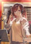  1girl blurry blurry_background brown_hair cardigan expressionless hair_ornament hairclip headphones highres higuchi_madoka idolmaster idolmaster_shiny_colors instrument jewelry keyboard_(instrument) microphone mirror mole mole_under_eye necklace open_mouth otsudou parted_lips sheet_music short_hair tank_top violet_eyes 