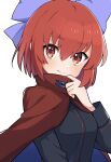  1girl absurdres black_shirt blue_bow blush bow cloak closed_mouth hair_between_eyes hair_bow highres long_sleeves looking_at_viewer miz_(mizillustration) red_cloak red_eyes redhead sekibanki shirt short_hair simple_background smile solo touhou upper_body white_background 