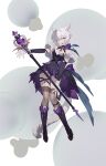  1girl alternate_costume animal_ears black_dress boots cat_ears cat_girl cat_tail dress facial_mark final_fantasy final_fantasy_xiv gloves highres legwear_garter magical_girl marubattu miqo&#039;te one_eye_closed ribbon smile tail thigh-highs white_hair y&#039;shtola_rhul 