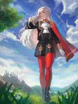  1girl ascot black_footwear blue_sky cape closed_mouth clouds commentary day edelgard_von_hresvelg emknov english_commentary fire_emblem fire_emblem:_three_houses floating_hair forehead garreg_mach_monastery_uniform gloves grass hair_ribbon highres leaf lips long_hair long_sleeves looking_away outdoors pantyhose pink_lips purple_ribbon red_cape red_pantyhose ribbon sky solo tree violet_eyes walking white_ascot white_gloves white_hair 