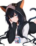  1girl absurdres animal_ears animal_hood arknights black_hair blaze_(arknights) blue_eyes cat_ears cat_girl cat_tail gupipy hair_between_eyes head_rest highres hood hood_up looking_at_viewer lying milk_carton on_stomach onesie simple_background solo tail white_background 