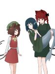  3girls absurdres animal_ears bangs blunt_bangs bow braid brown_eyes brown_hair carrying carrying_person cat_ears cat_tail chen eyebrows_hidden_by_hair highres kaenbyou_rin mori_dobonua_(mordvna) multiple_girls multiple_tails nekomata redhead short_hair smile tail touhou two_tails wakasagihime 